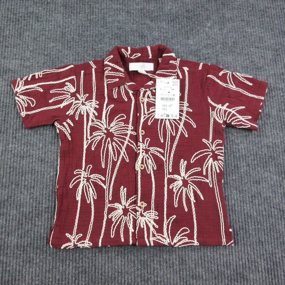 Zara Shirt Boys Youth 4 Red Button-Up Cotton Graphic Print Summer NWT